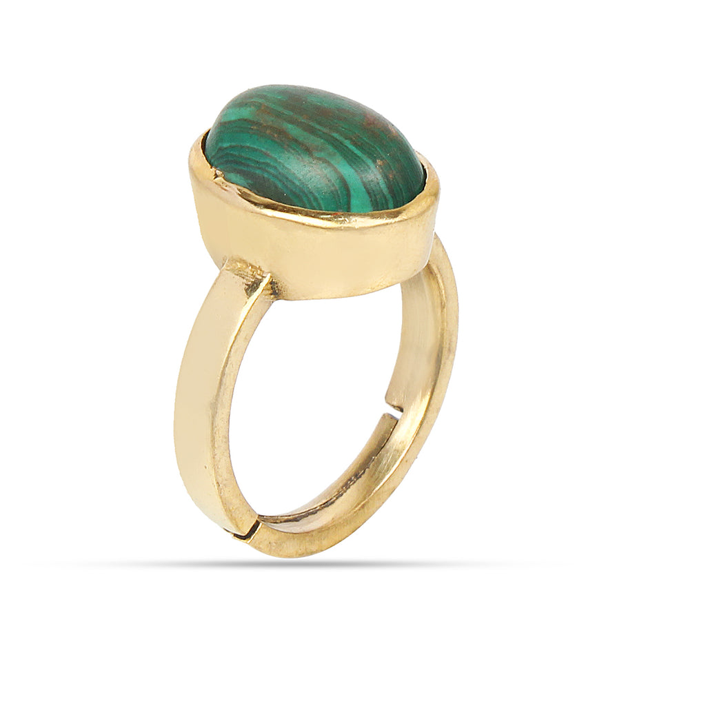 Natural Malachite (Danafirang) Gemstone Ring Gold-Plated Panchdhatu Oval Cabochon, Adjustable Astrologica Ring for Protection & Heart Healing (Unisex)