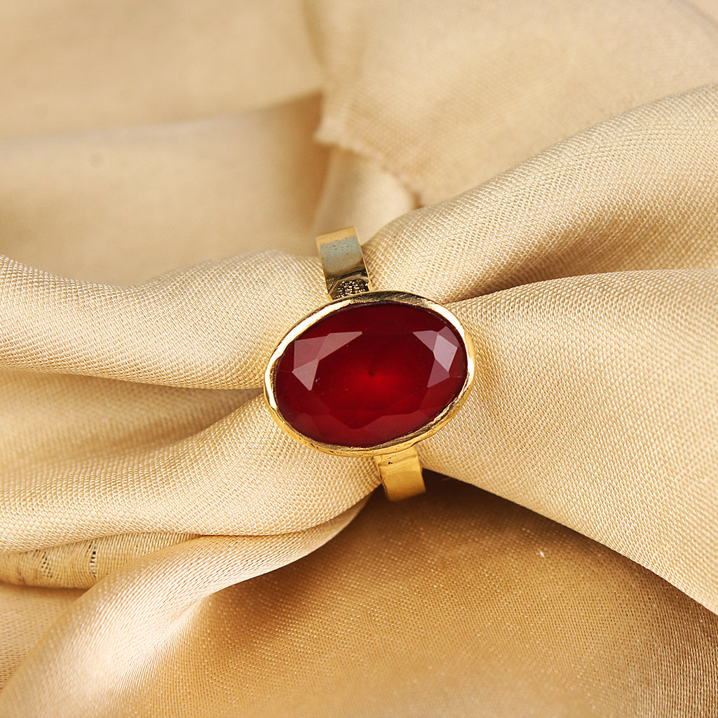 Natural Ruby (Manik) Gemstone Ring Gold-Plated Ring Panchdhatu Oval Faceted Cut, Adjustable Astrological Birthstone Ring for Success, Vitality, and Sun Remedies (Men & Women)