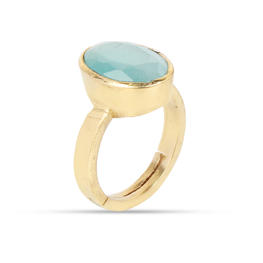 Premium Natural Aquamarine (Beruj) Gemstone Gold-Plated Ring Panchdhatu Oval Faceted Cut, Adjustable Astrological Birthstone Ring for Peace & Communication (Men & Women)