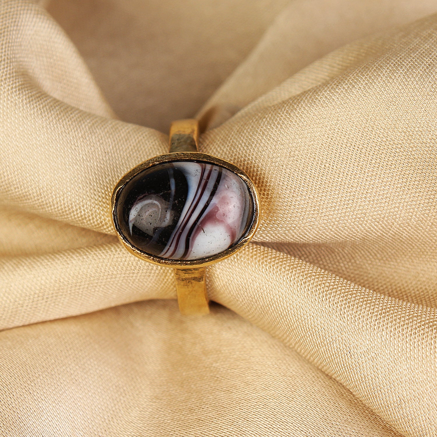 Handcrafted Laguna Lace Agate Elliptical Orbit Adjustable Gold Plated Ring Unique Banded Gemstone Statement Jewelry for Unisex