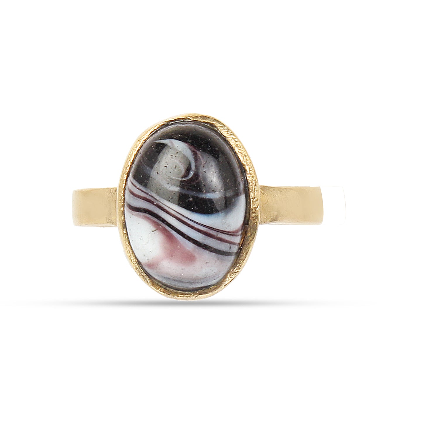 Handcrafted Laguna Lace Agate Elliptical Orbit Adjustable Gold Plated Ring Unique Banded Gemstone Statement Jewelry for Unisex