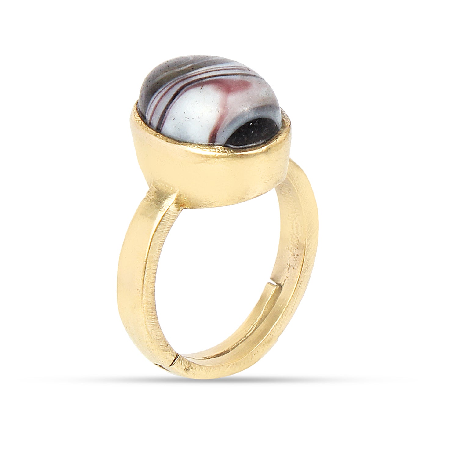 Handcrafted Laguna Lace Agate Elliptical Orbit Adjustable Gold Plated Ring Unique Banded Gemstone Statement Jewelry for Unisex