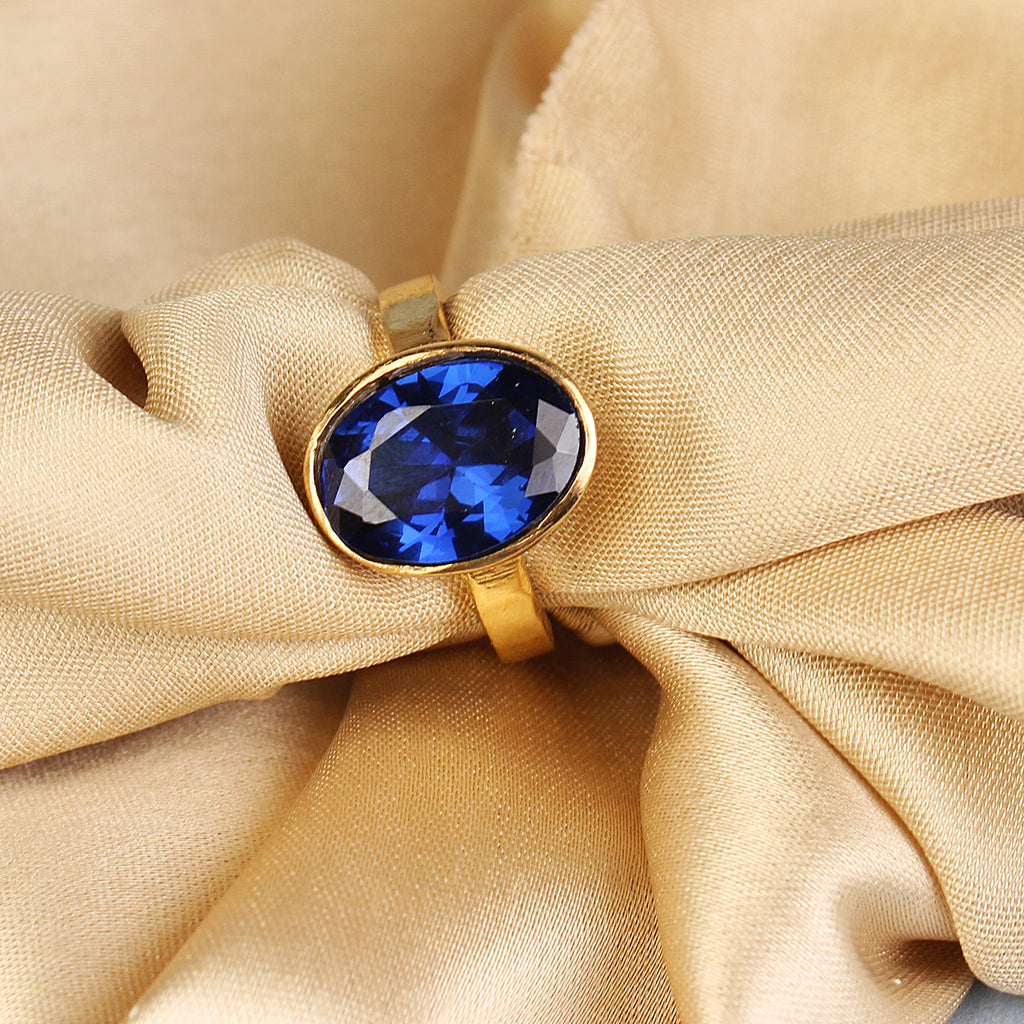 Premium Natural Blue Sapphire (Neelam) Gemstone Ring Gold-Plated Panchdhatu Oval Faceted Cut, Adjustable Astrological Birthstone Ring for Saturn (Men & Women)