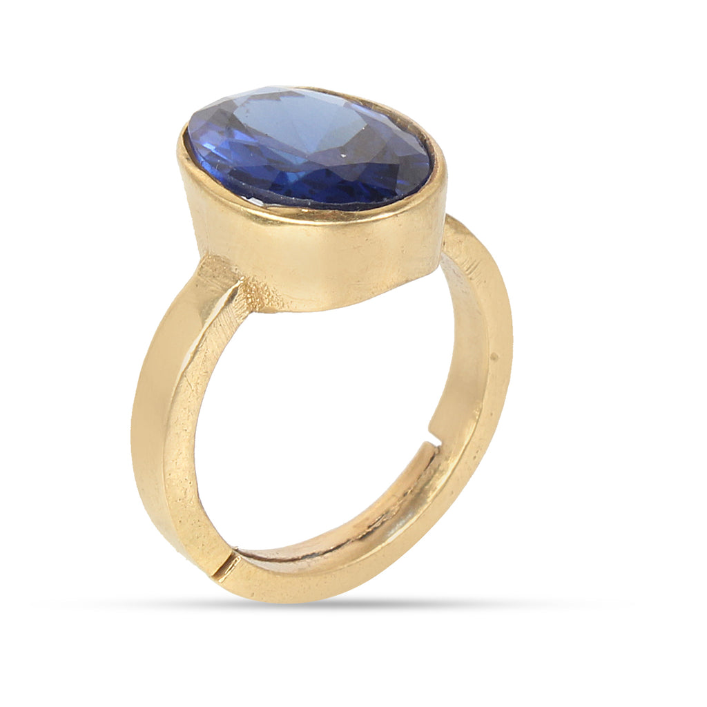 Premium Natural Blue Sapphire (Neelam) Gemstone Ring Gold-Plated Panchdhatu Oval Faceted Cut, Adjustable Astrological Birthstone Ring for Saturn (Men & Women)