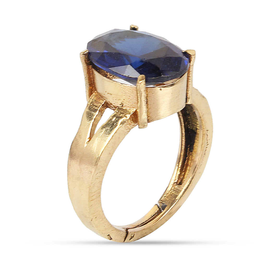 Natural Blue Sapphire (Neelam) Gemstone Ring Gold-Plated Panchdhatu  Oval Faceted Cut, Adjustable Astrological Birthstone Ring for Saturn (Men & Women)