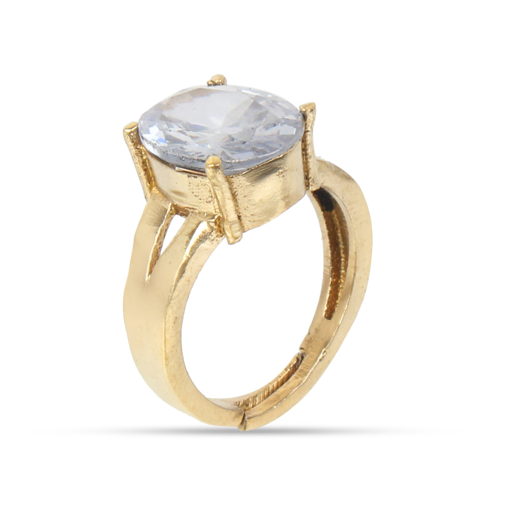 Premium Natural White Zircon (Jarkan) Gemstone Ring Gold-Plated Panchdhatu Oval Faceted Cut, Adjustable Astrological Birthstone Ring for Venus (Men & Women)