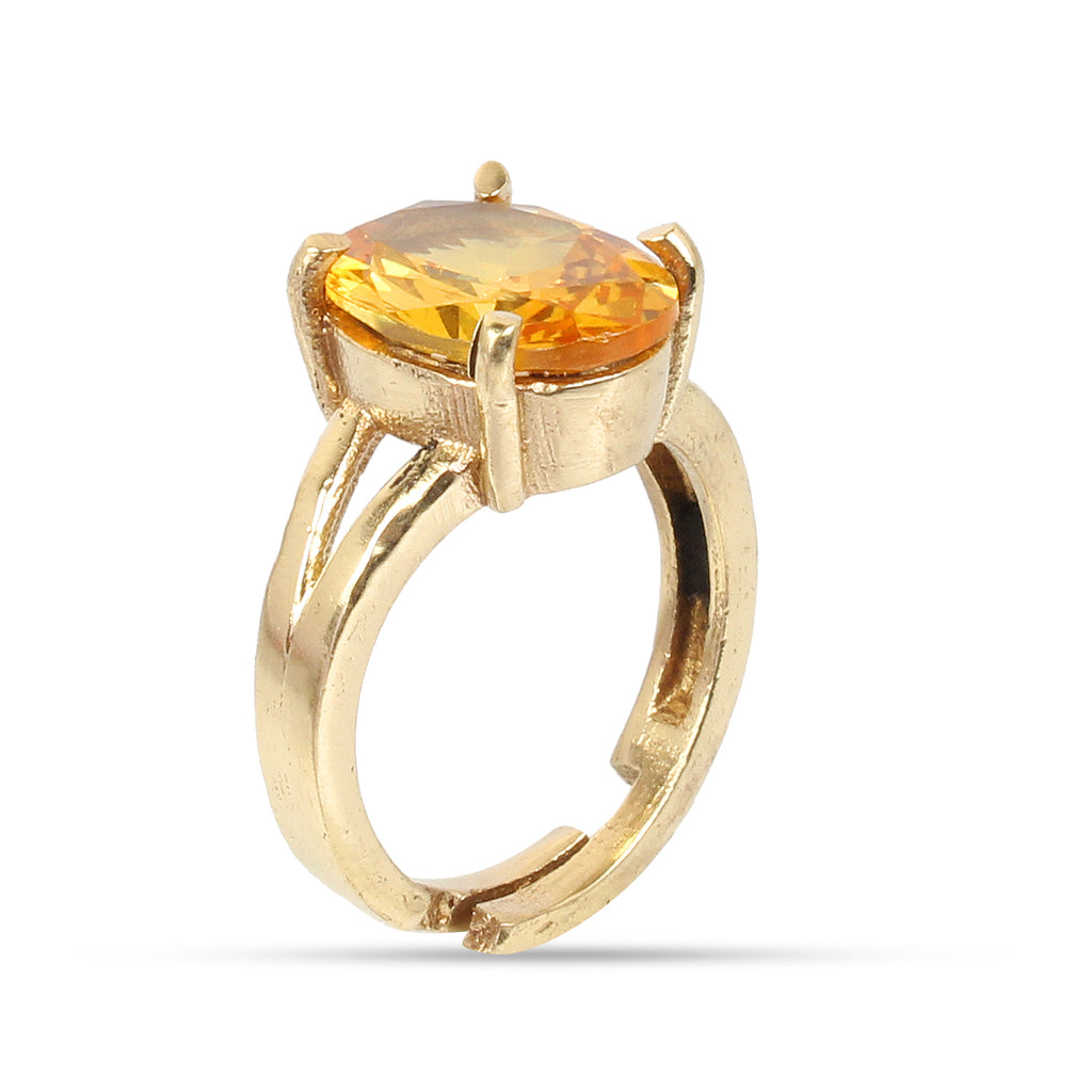 Natural Citrine (Sunela) Ring Gold-Plated Panchdhatu Oval Faceted Cut, Adjustable Astrological Birthstone Ring Wealth & Prosperity (Men & Women)