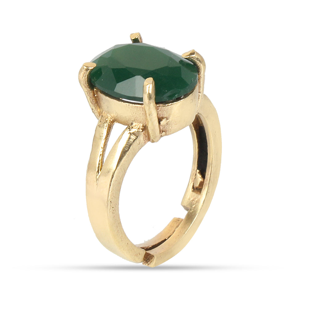 Premium Natural Emerald (Panna) Gemstone Ring Gold-Plated Panchdhatu  Oval Faceted Cut, Adjustable Astrological Birthstone Ring for Mercury (Men & Women)