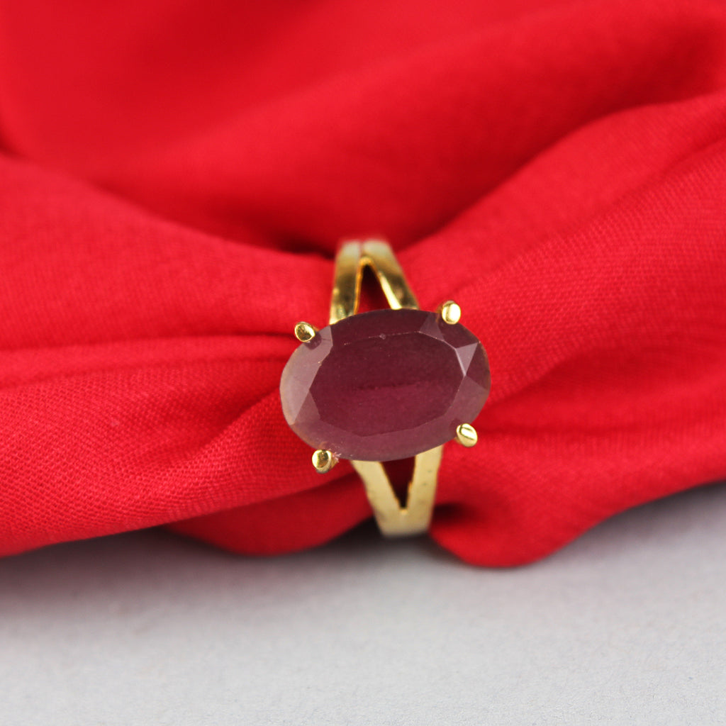 Premium Natural Ruby (Manik) Gemstone Ring Gold-Plated Panchdhatu  Oval Faceted Cut, Adjustable Astrological Birthstone Ring for Success, Vitality and Sun Remedies (Men & Women)