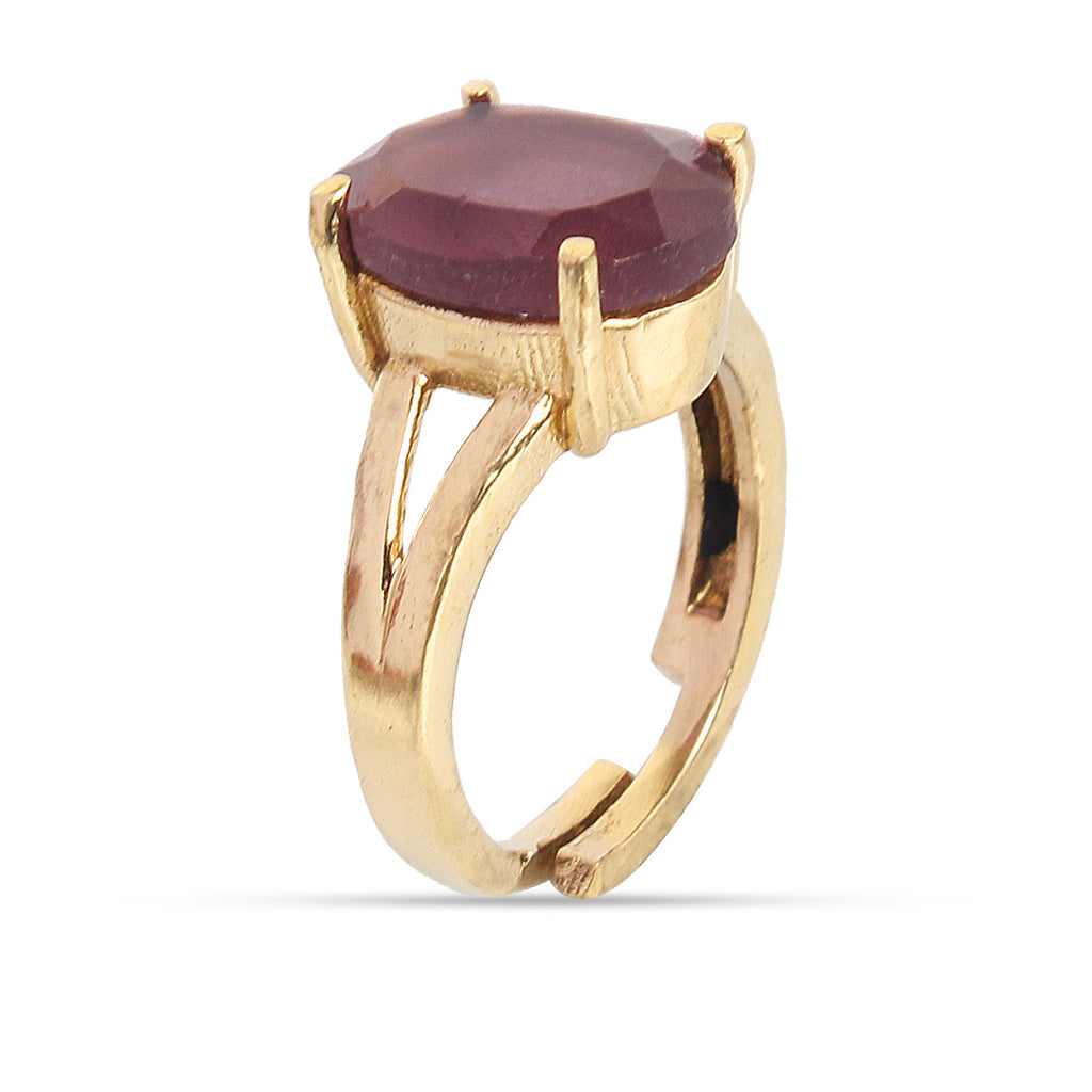 Premium Natural Ruby (Manik) Gemstone Ring Gold-Plated Panchdhatu  Oval Faceted Cut, Adjustable Astrological Birthstone Ring for Success, Vitality and Sun Remedies (Men & Women)