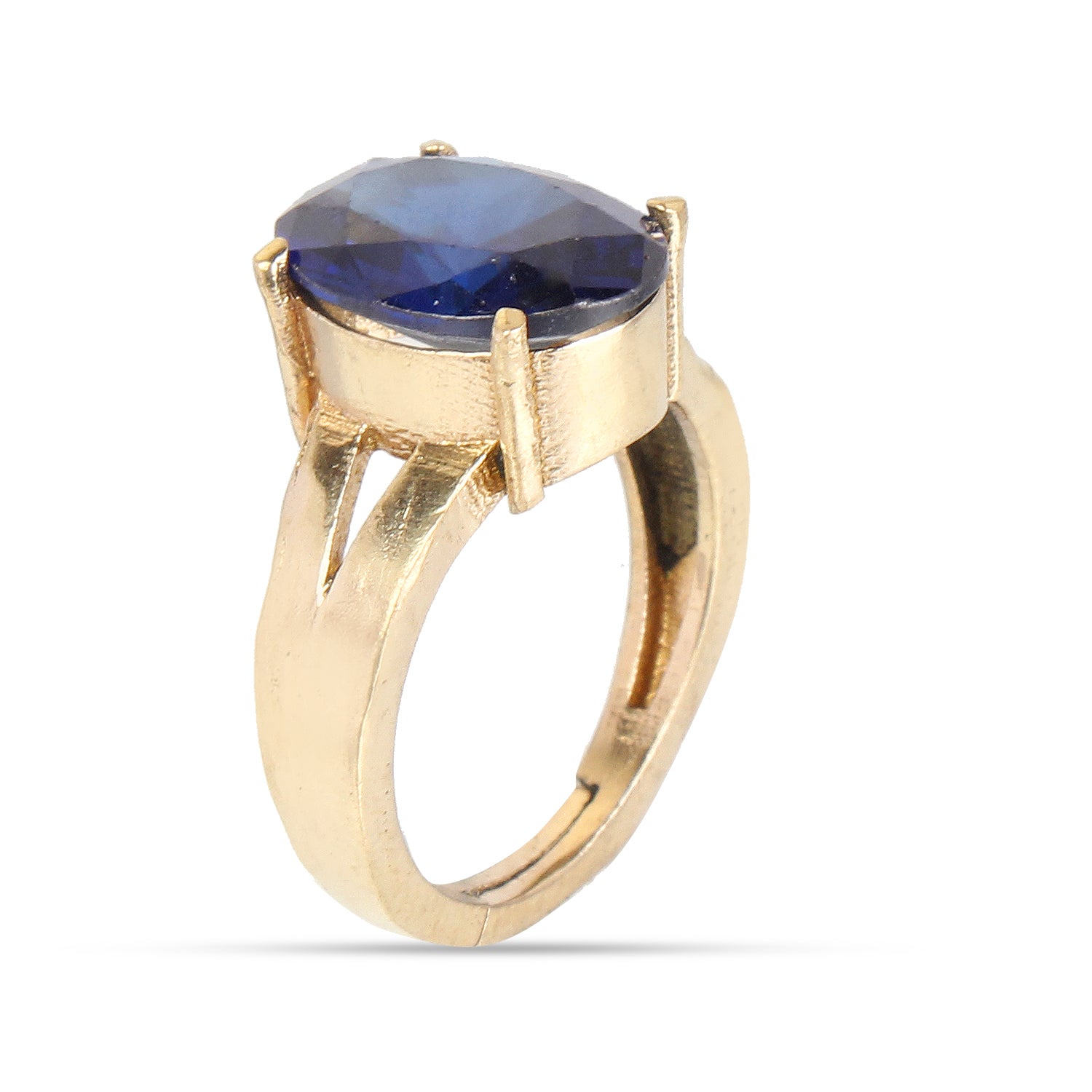 Natural Blue Sapphire (Neelam) Gemstone Ring Gold-Plated Panchdhatu  Oval Faceted Cut, Adjustable Astrological Birthstone Ring for Saturn (Men & Women)