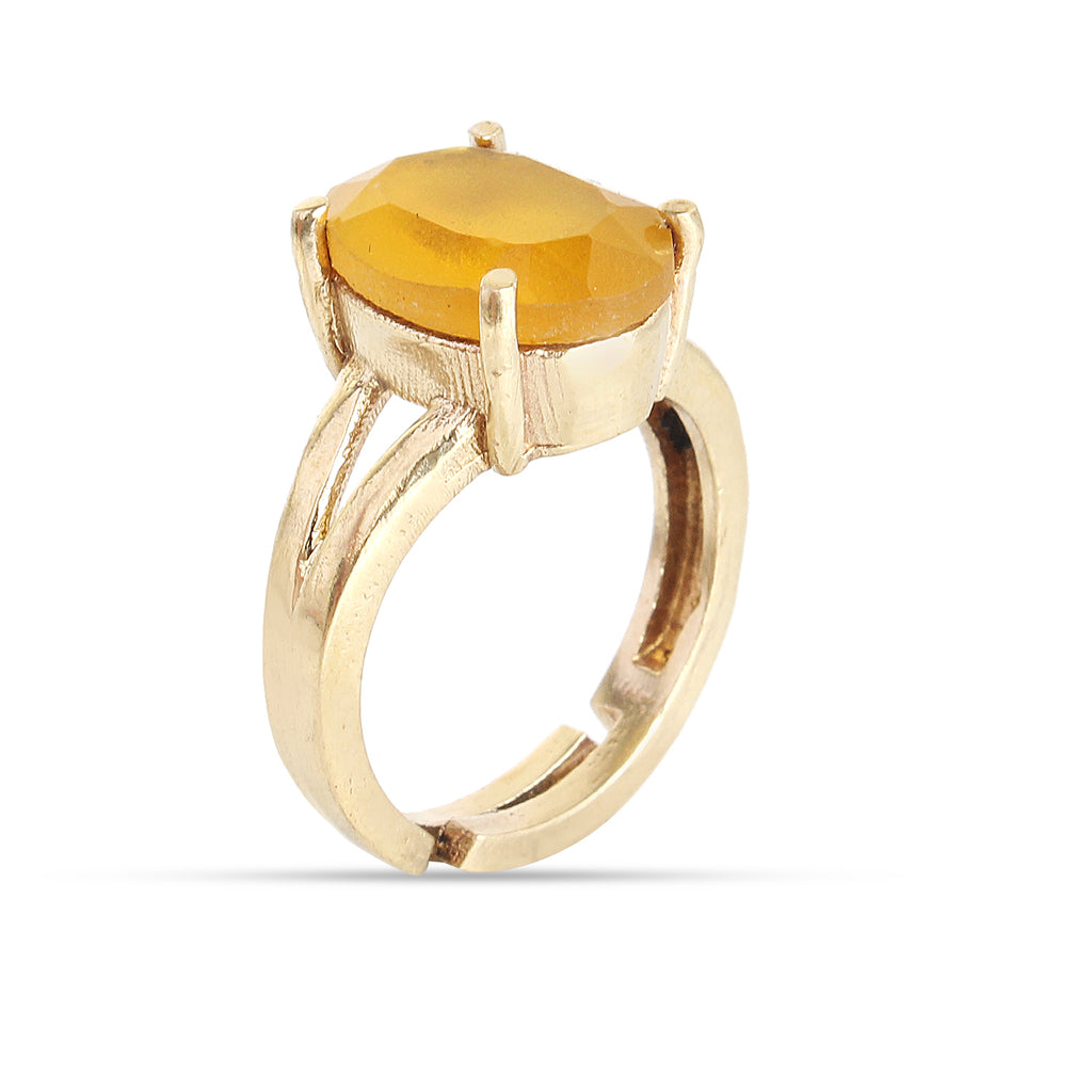 Premium Natural Yellow Sapphire (Pukhraj) Gemstone Ring Gold-Plated Panchdhatu Oval Faceted Cut, Adjustable Astrological Birthstone Ring for Wealth & Wisdom (Unisex)