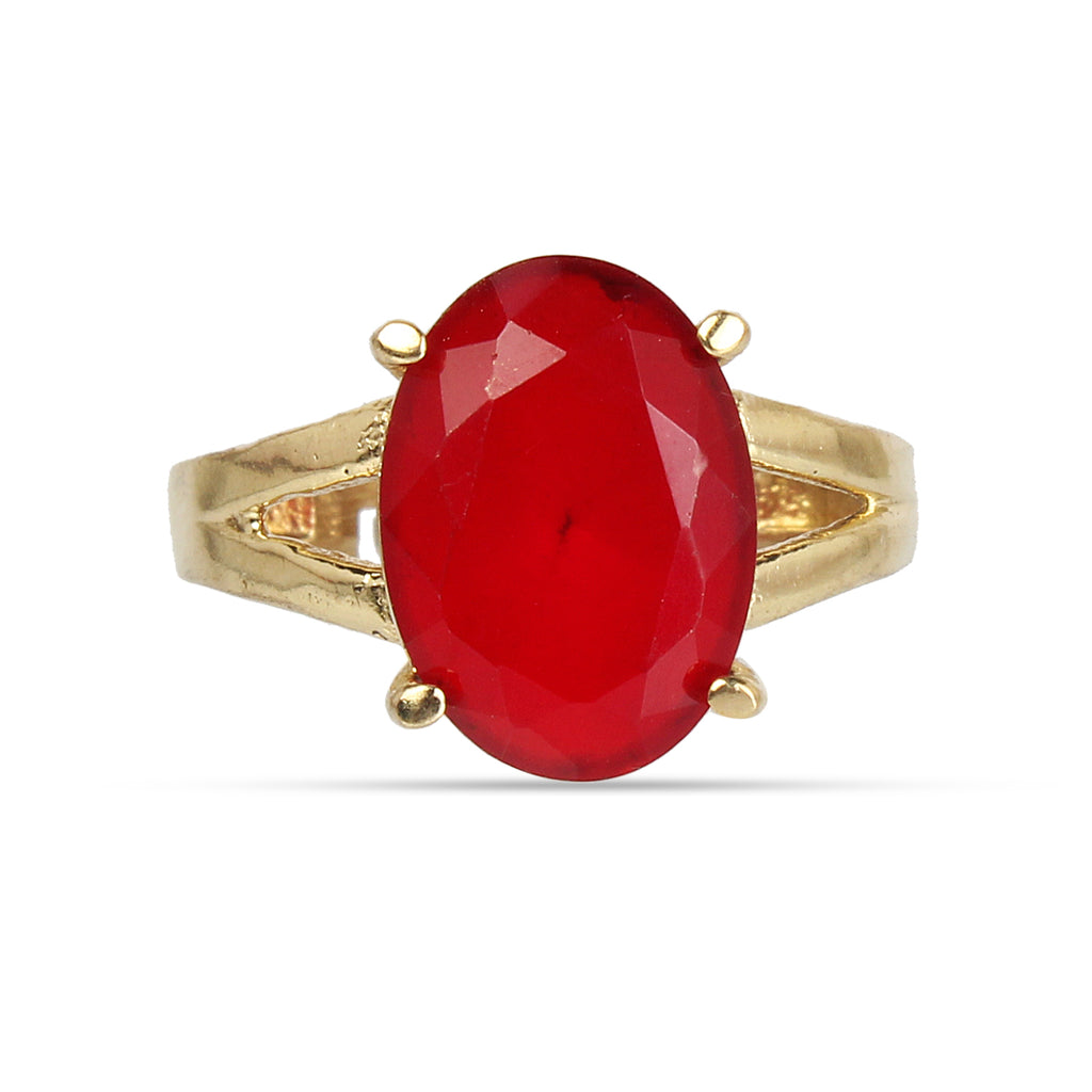 Premium Natural Ruby (Manik) Gemstone Ring Gold-Plated Panchdhatu – Oval Faceted Cut, Adjustable Astrological Birthstone Ring for Success, Vitality, and Sun Remedies (Men & Women)