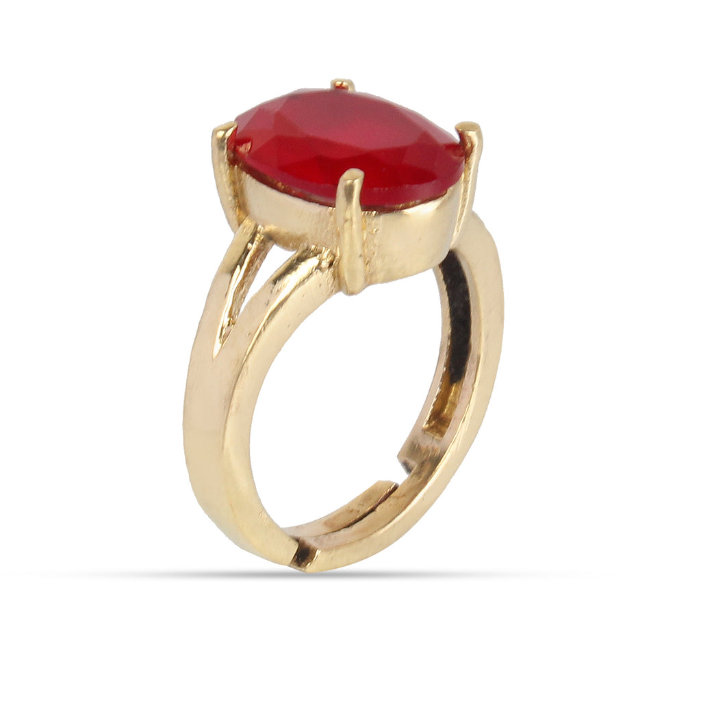 Premium Natural Ruby (Manik) Gemstone Ring Gold-Plated Panchdhatu – Oval Faceted Cut, Adjustable Astrological Birthstone Ring for Success, Vitality, and Sun Remedies (Men & Women)