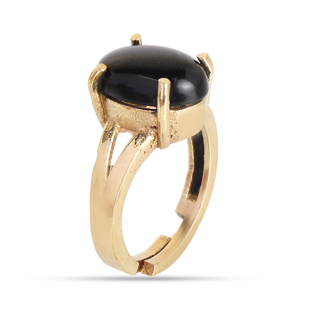 Premium Natural Black Onyx (Sulemani Hakik) Ring Gold-Plated Panchdhatu – Certified Oval Cabochon, Adjustable Astrological Statement Ring for Protection and Grounding (Unisex)