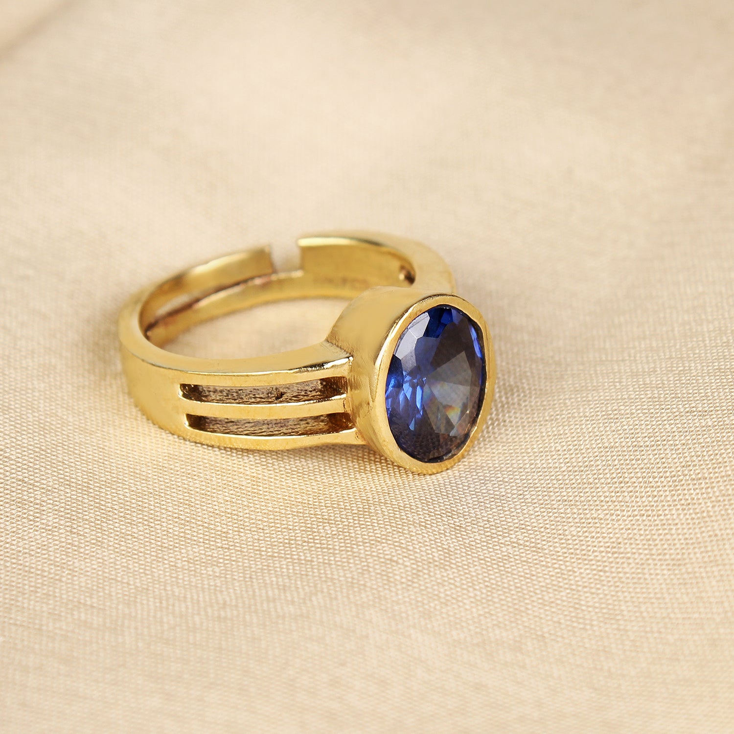 Exquisite Natural Blue Sapphire (Neelam) Solitaire Statement Adjustable Unisex Ring in Premium Gold-Plated Finish – Timeless Astrological Power for Prosperity and Mental Clarity