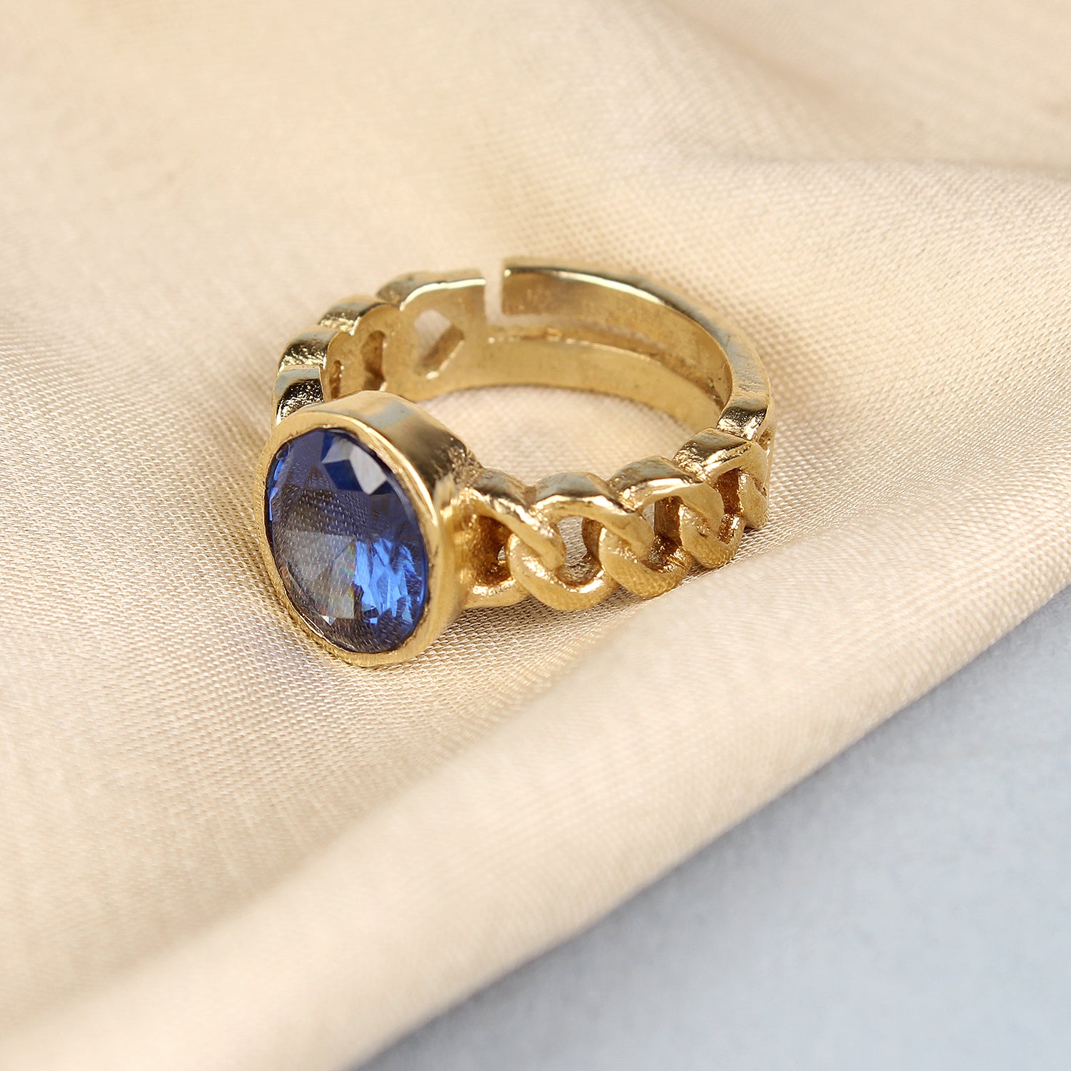 Exquisite Natural Blue Sapphire (Neelam) Cuban Link Statement Adjustable Unisex Ring in Premium Gold-Plated Finish – Timeless Astrological Power for Prosperity, Mental Clarity, and Divine Protection