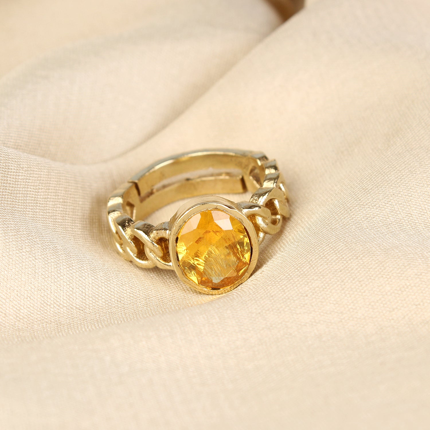 Exquisite Natural Yellow Sapphire (Pukhraj) Cuban Link Statement Adjustable Unisex Ring in Premium Gold-Plated Finish – Timeless Astrological Power for Prosperity, Wisdom, and Divine Fortune