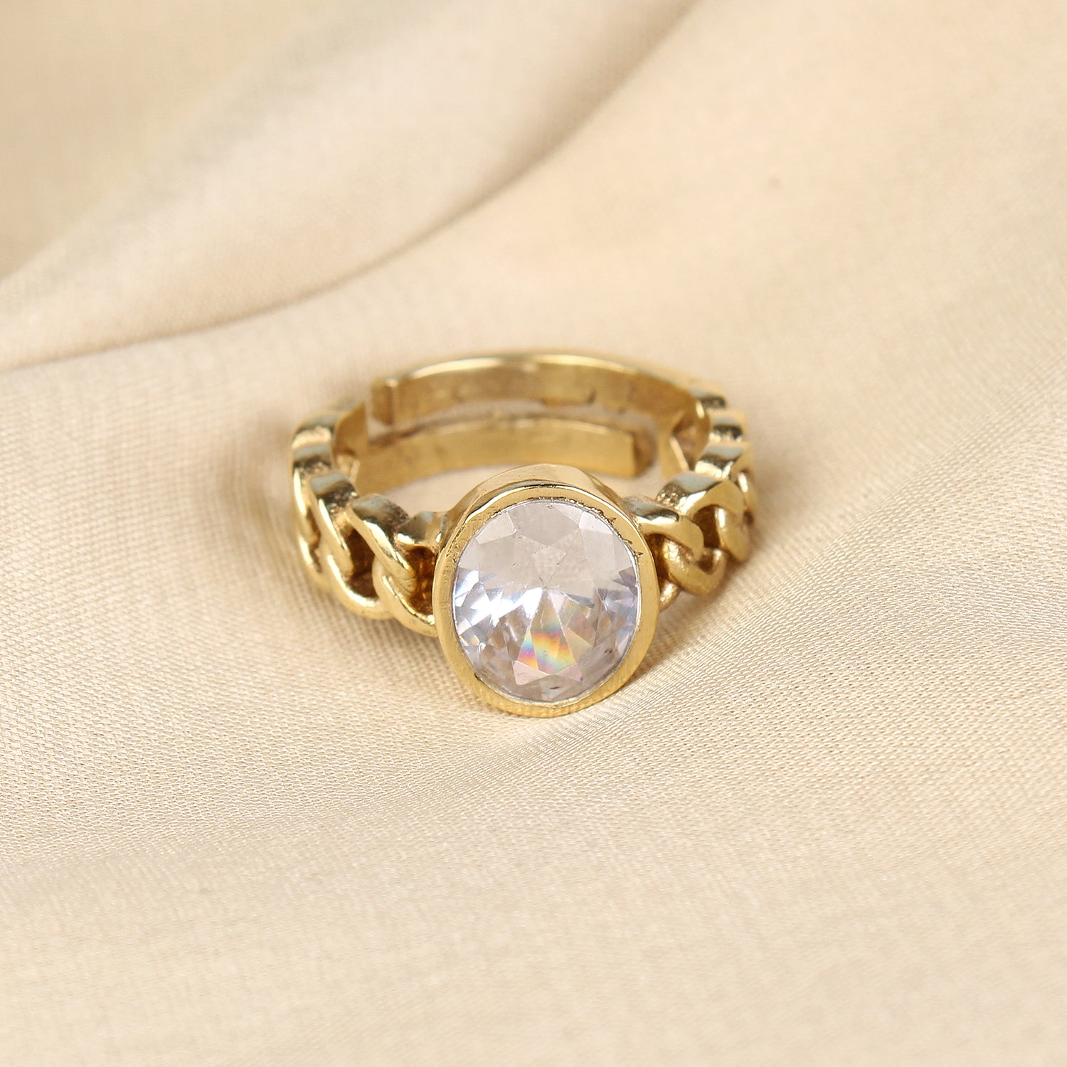 Exquisite Gold-Plated Oval White Sapphire (Zircon) Cuban Link Statement Adjustable Unisex Ring – Timeless Elegance and Astrological Fortune for a Bold, Sophisticated Look