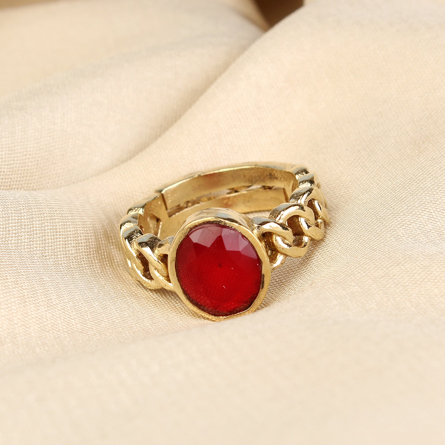 Exquisite Gold Plated Natural Red Ruby (Manik) Cuban Link Statement Adjustable Unisex Ring – Bold Astrological Power for Prosperity, Vitality, and Success