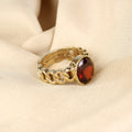 Exquisite Gold-Plated Natural Garnet (Gomed) Cuban Link Statement Adjustable Unisex Ring – Bold Astrological Power for Protection, Vitality, and Success