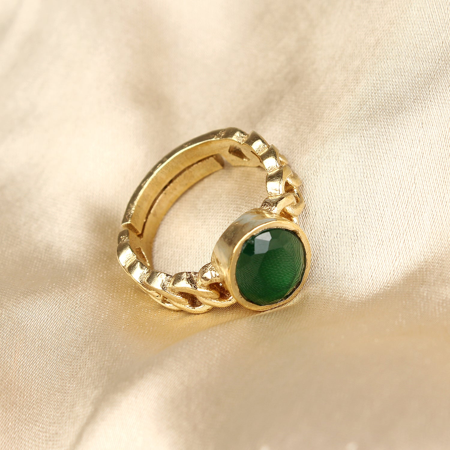 Exquisite Handcrafted Gold-Plated Natural Green Emerald (Panna) Cuban Link Statement Adjustable Unisex Ring – Timeless Artisanal Elegance and Astrological Power for Prosperity, Wisdom, and Divine Fortune