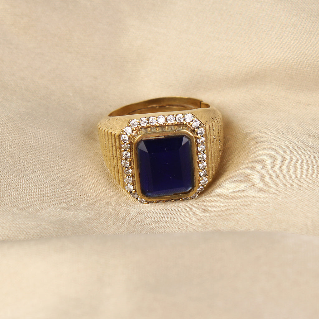 Royal Blue Sapphire Gold Plated Statement Adjustable for Unisex Ring with Sparkling Diamond Accents – Timeless Artisanal Elegance and Astrological Fortune for the Modern Groom