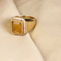 Natural Yellow Sapphire (Pukhraj) Gold-Plated Halo Statement Adjustable for Unisex Ring with Brilliant Zircon Accents – Timeless Artisanal Elegance and Astrological Power for Wealth, Wisdom, and Prosperity