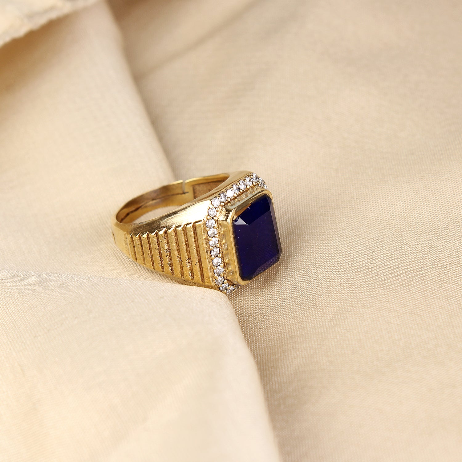 Royal Blue Sapphire Gold Plated Statement Adjustable for Unisex Ring with Sparkling Diamond Accents – Timeless Artisanal Elegance and Astrological Fortune for the Modern Groom
