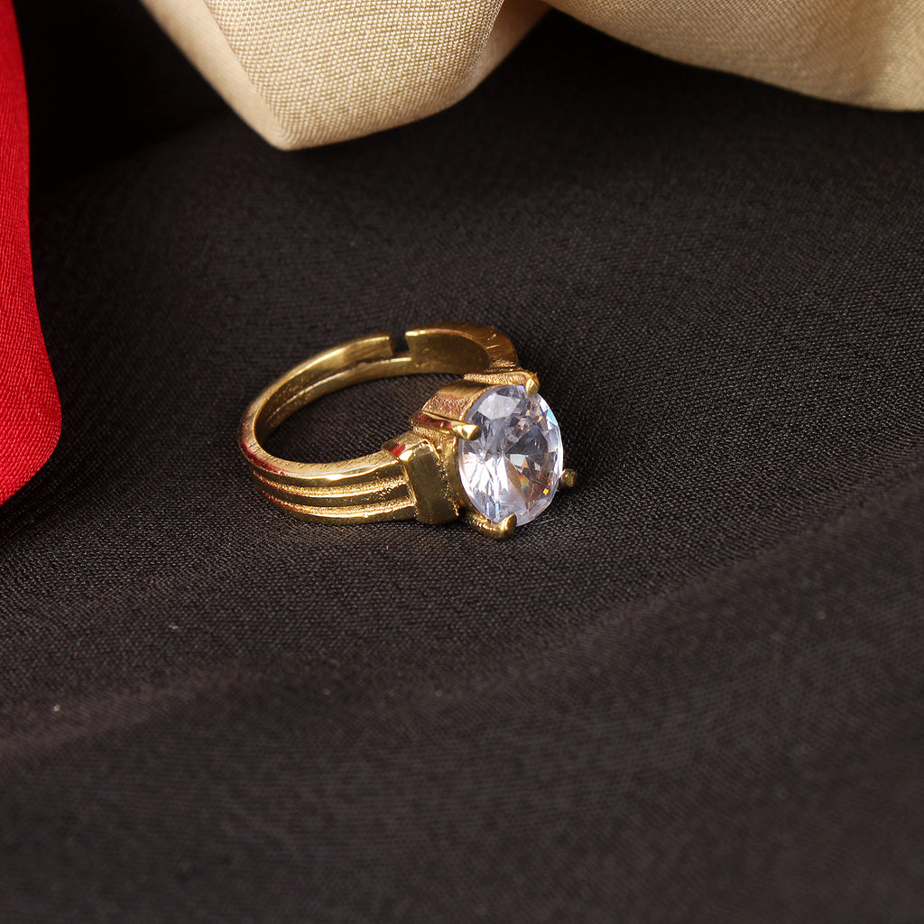 Radiant Oval-Cut White Zircon Solitaire Statement Adjustable for Unisex Ring in Premium Gold-Plated Finish – Timeless Artisanal Brilliance and Astrological Power for Prosperity and Mental Clarity