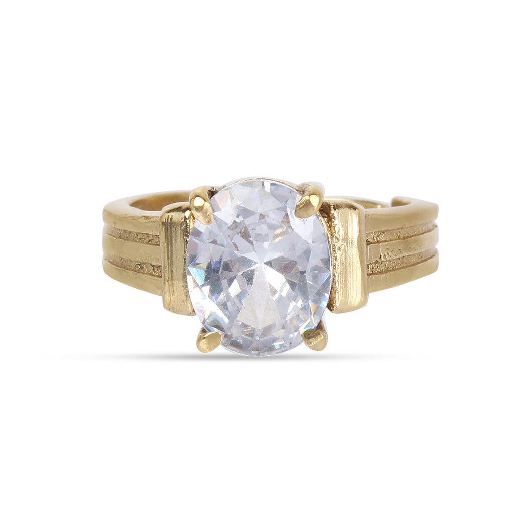 Radiant Oval-Cut White Zircon Solitaire Statement Adjustable for Unisex Ring in Premium Gold-Plated Finish – Timeless Artisanal Brilliance and Astrological Power for Prosperity and Mental Clarity