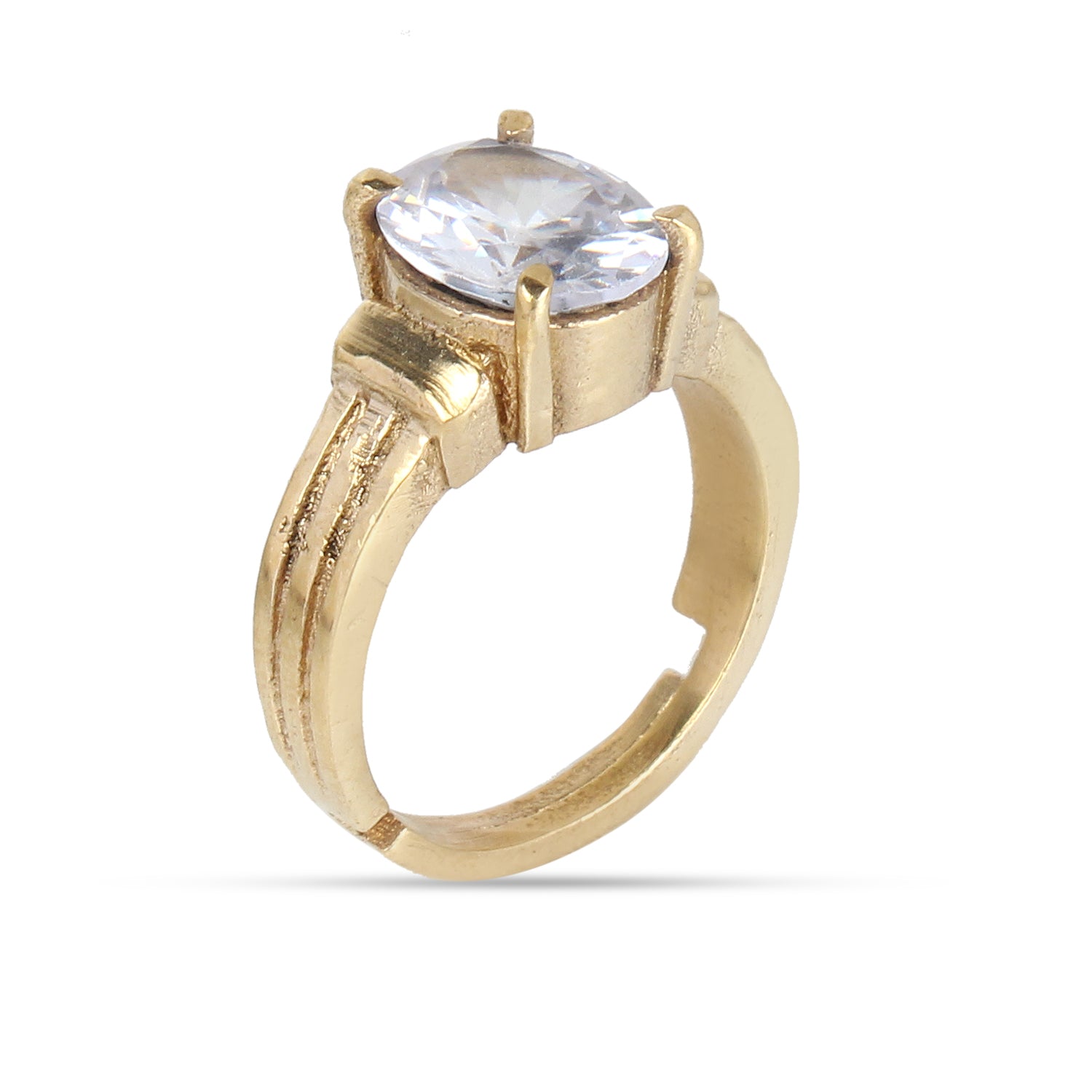 Radiant Oval-Cut White Zircon Solitaire Statement Adjustable for Unisex Ring in Premium Gold-Plated Finish – Timeless Artisanal Brilliance and Astrological Power for Prosperity and Mental Clarity
