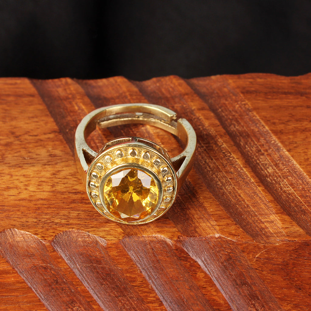 Natural Yellow Sapphire (Pukhraj) Exquisite Handcrafted Gold-Plated Halo Statement Adjustable for Unisex Ring – Timeless Artisanal Elegance and Astrological Power for Prosperity, Wisdom, and Divine Fortune