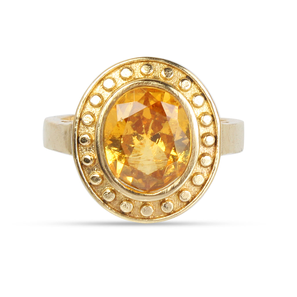 Natural Yellow Sapphire (Pukhraj) Exquisite Handcrafted Gold-Plated Halo Statement Adjustable for Unisex Ring – Timeless Artisanal Elegance and Astrological Power for Prosperity, Wisdom, and Divine Fortune