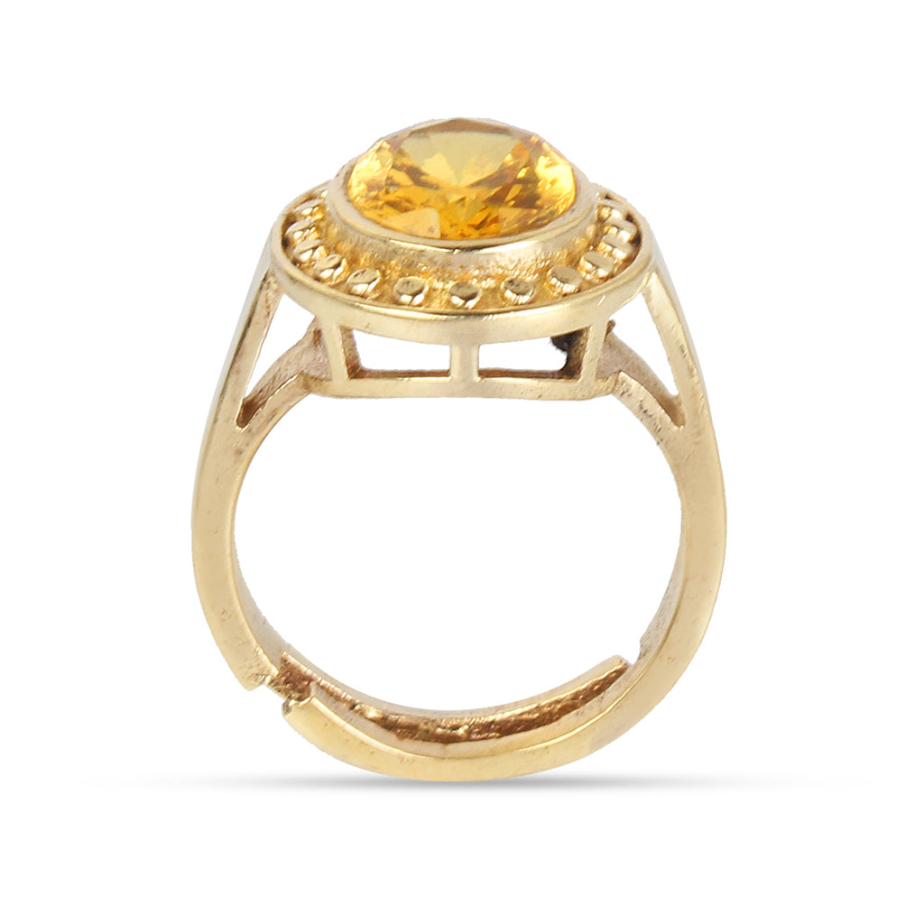Natural Yellow Sapphire (Pukhraj) Exquisite Handcrafted Gold-Plated Halo Statement Adjustable for Unisex Ring – Timeless Artisanal Elegance and Astrological Power for Prosperity, Wisdom, and Divine Fortune