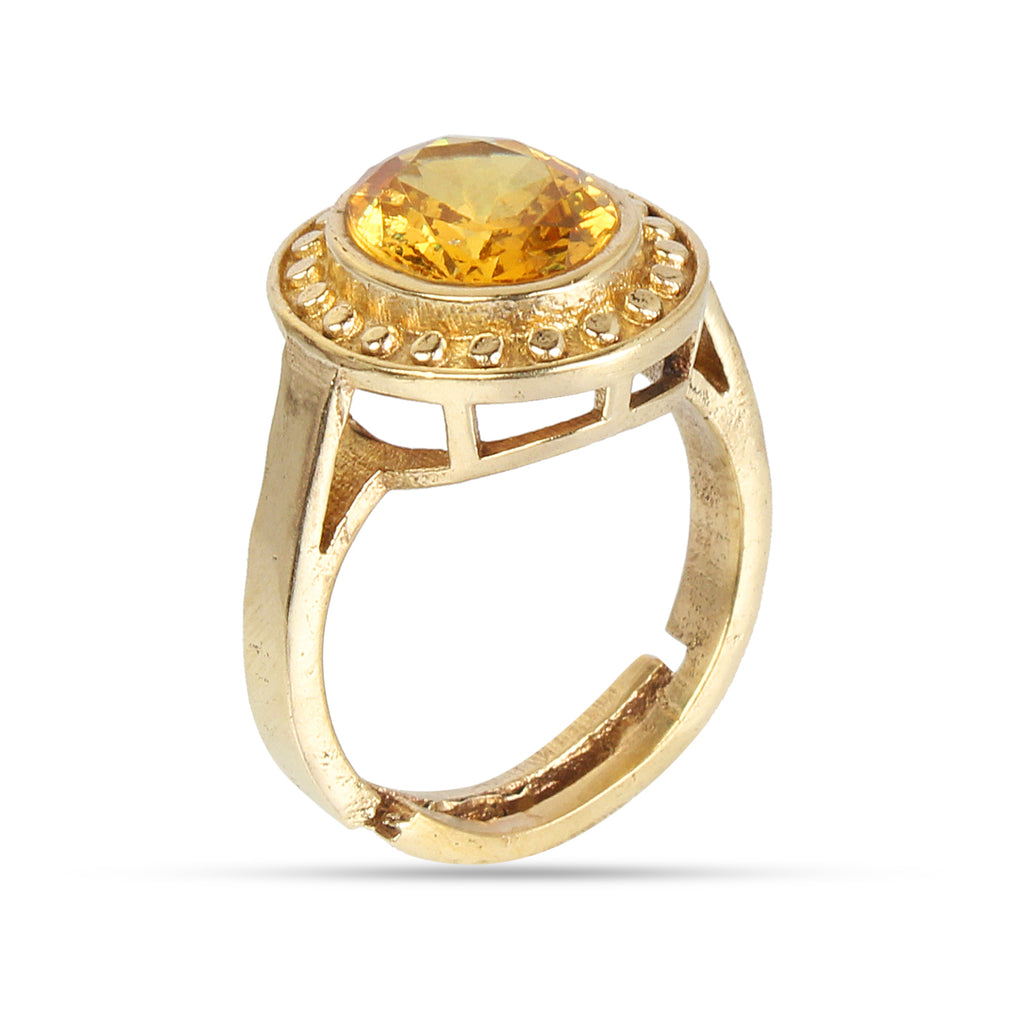 Natural Yellow Sapphire (Pukhraj) Exquisite Handcrafted Gold-Plated Halo Statement Adjustable for Unisex Ring – Timeless Artisanal Elegance and Astrological Power for Prosperity, Wisdom, and Divine Fortune