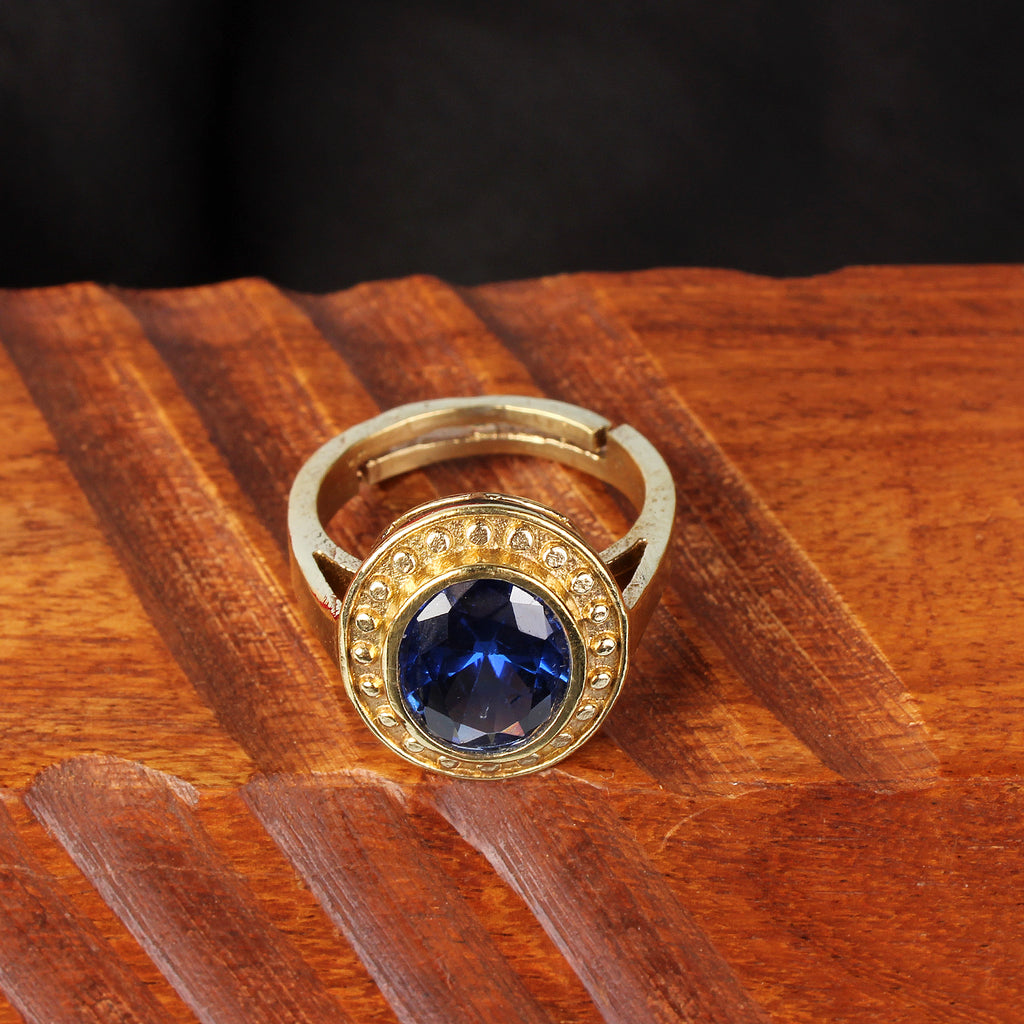 Natural Blue Sapphire (Neelam) Exquisite Handcrafted Gold-Plated Halo Statement Adjustable for Unisex Ring – Timeless Artisanal Elegance and Astrological Power for Prosperity, Mental Clarity, and Divine Protection