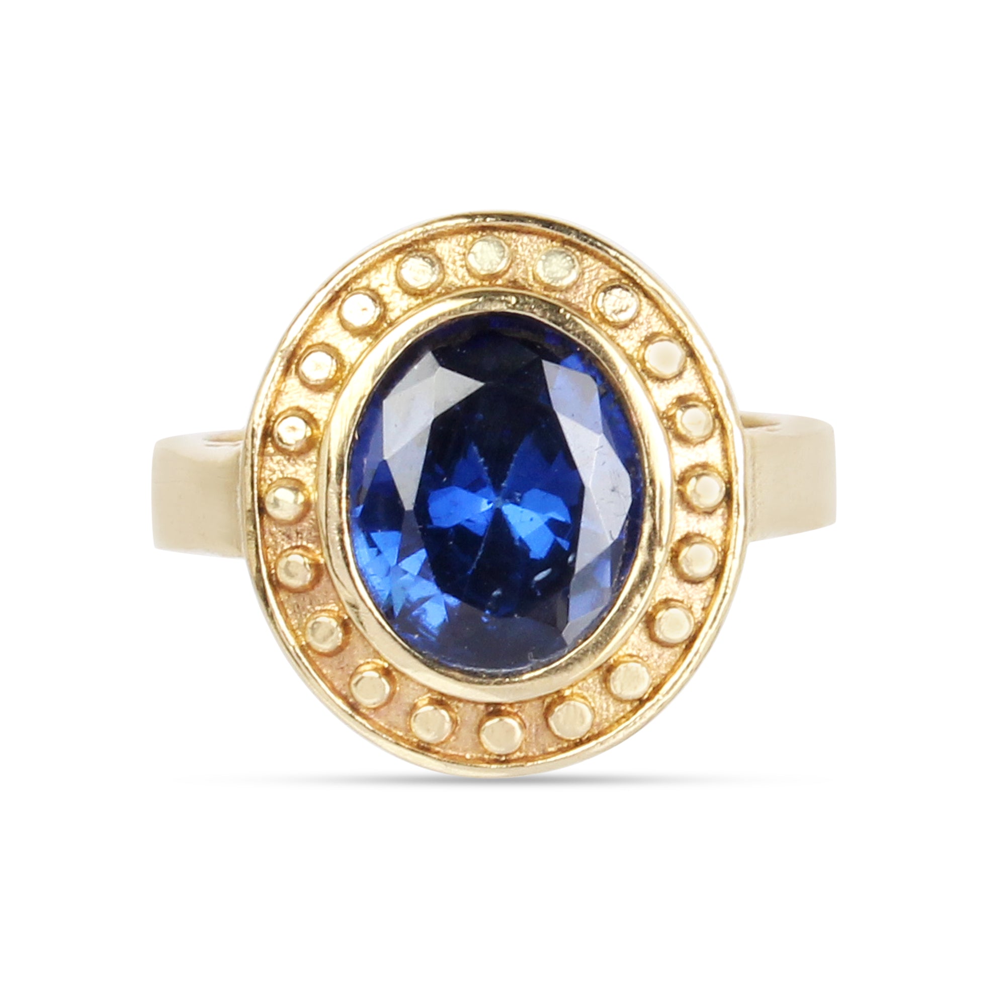 Natural Blue Sapphire (Neelam) Exquisite Handcrafted Gold-Plated Halo Statement Adjustable for Unisex Ring – Timeless Artisanal Elegance and Astrological Power for Prosperity, Mental Clarity, and Divine Protection