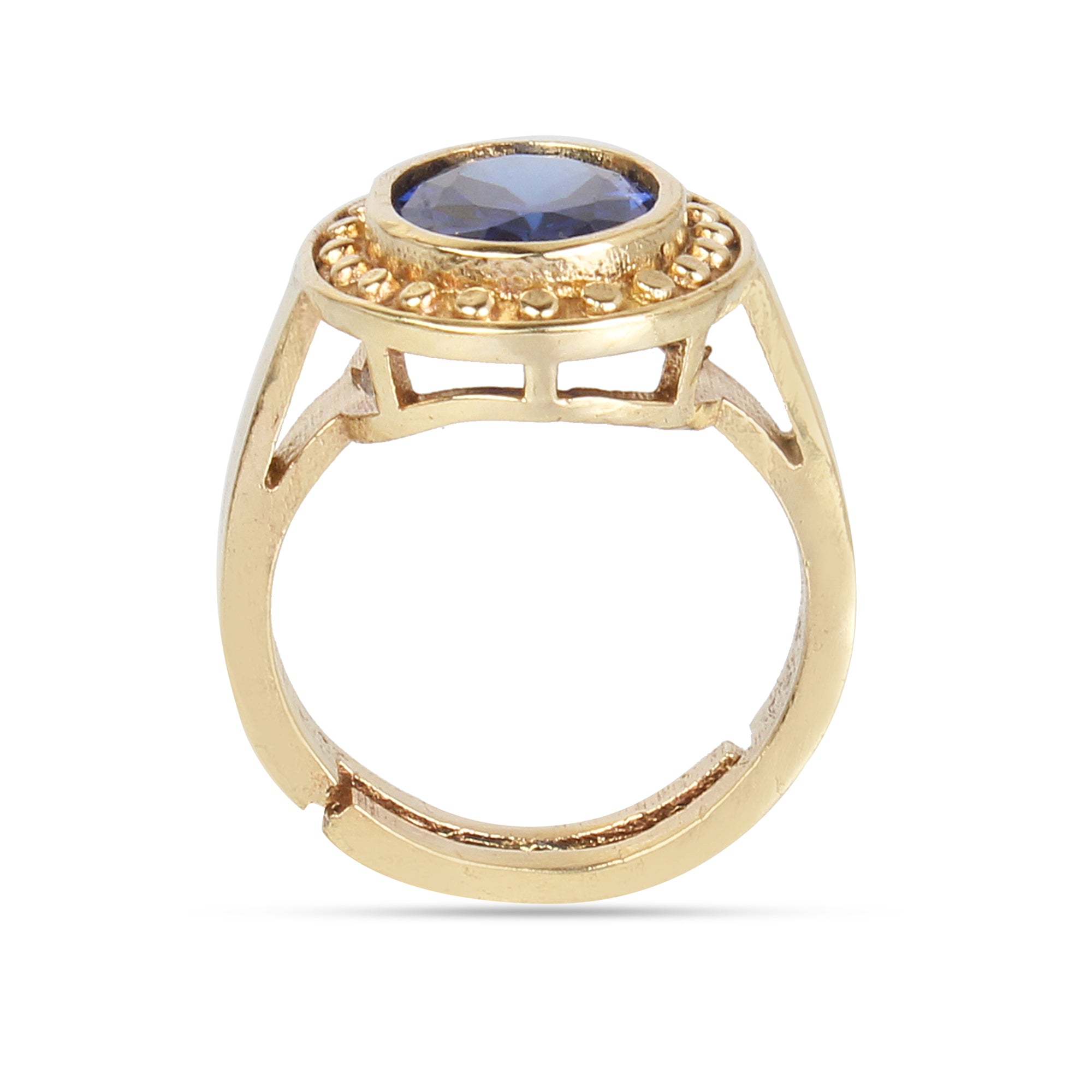 Natural Blue Sapphire (Neelam) Exquisite Handcrafted Gold-Plated Halo Statement Adjustable for Unisex Ring – Timeless Artisanal Elegance and Astrological Power for Prosperity, Mental Clarity, and Divine Protection