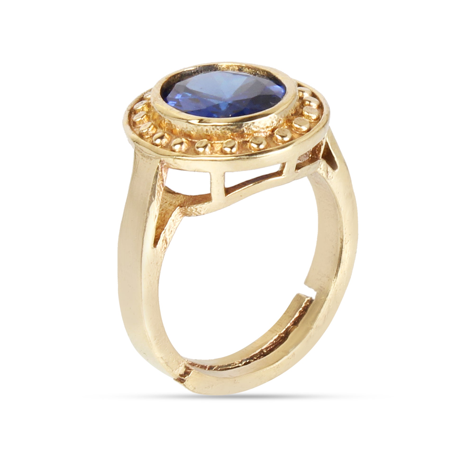 Natural Blue Sapphire (Neelam) Exquisite Handcrafted Gold-Plated Halo Statement Adjustable for Unisex Ring – Timeless Artisanal Elegance and Astrological Power for Prosperity, Mental Clarity, and Divine Protection