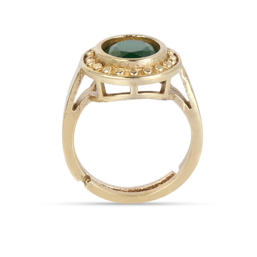 Exquisite Handcrafted Gold-Plated Natural Green Emerald (Panna) Halo Statement Adjustable Ring for Unisex – Timeless Artisanal Elegance and Astrological Power for Prosperity, Wisdom, and Divine Fortune