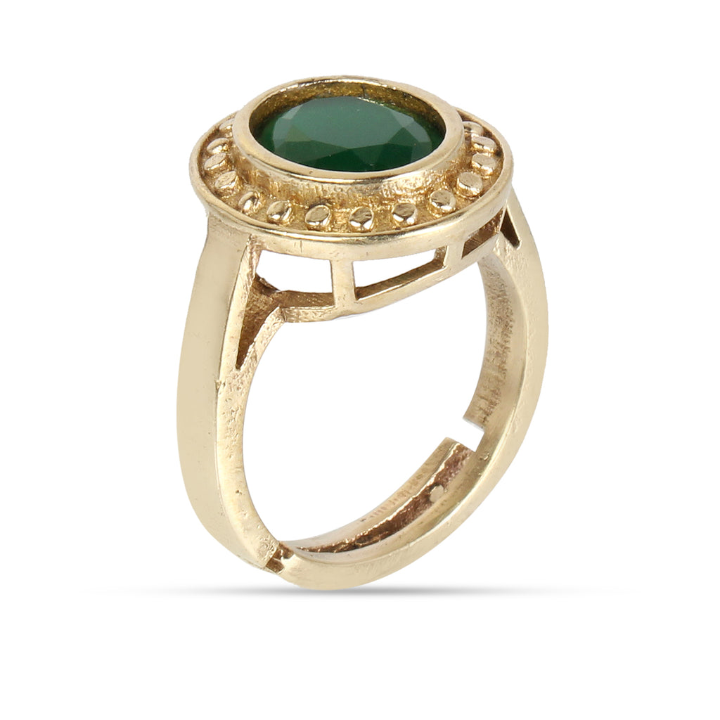 Exquisite Handcrafted Gold-Plated Natural Green Emerald (Panna) Halo Statement Adjustable Ring for Unisex – Timeless Artisanal Elegance and Astrological Power for Prosperity, Wisdom, and Divine Fortune