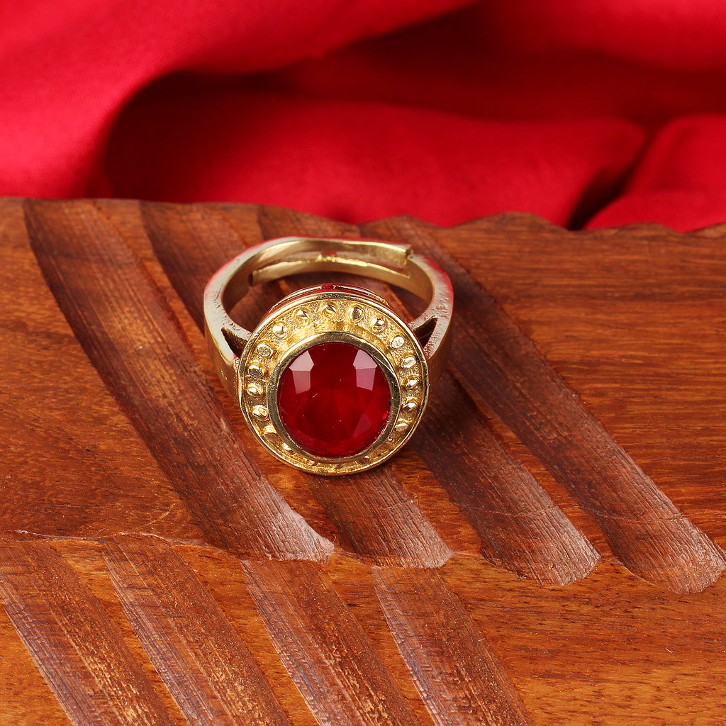 Exquisite Handcrafted Gold-Plated Natural Red Ruby (Manik) Halo Statement Adjustable Ring for Unisex – Timeless Artisanal Elegance and Astrological Power for Prosperity, Vitality, and Success