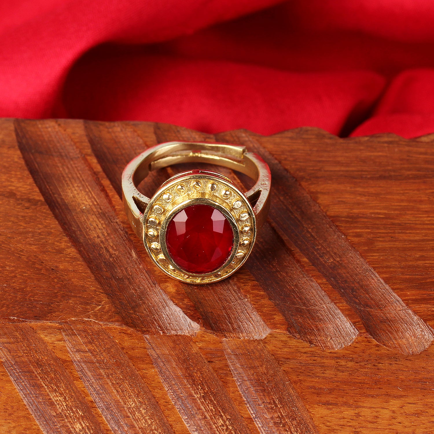 Exquisite Handcrafted Gold-Plated Natural Red Ruby (Manik) Halo Statement Adjustable Ring for Unisex – Timeless Artisanal Elegance and Astrological Power for Prosperity, Vitality, and Success