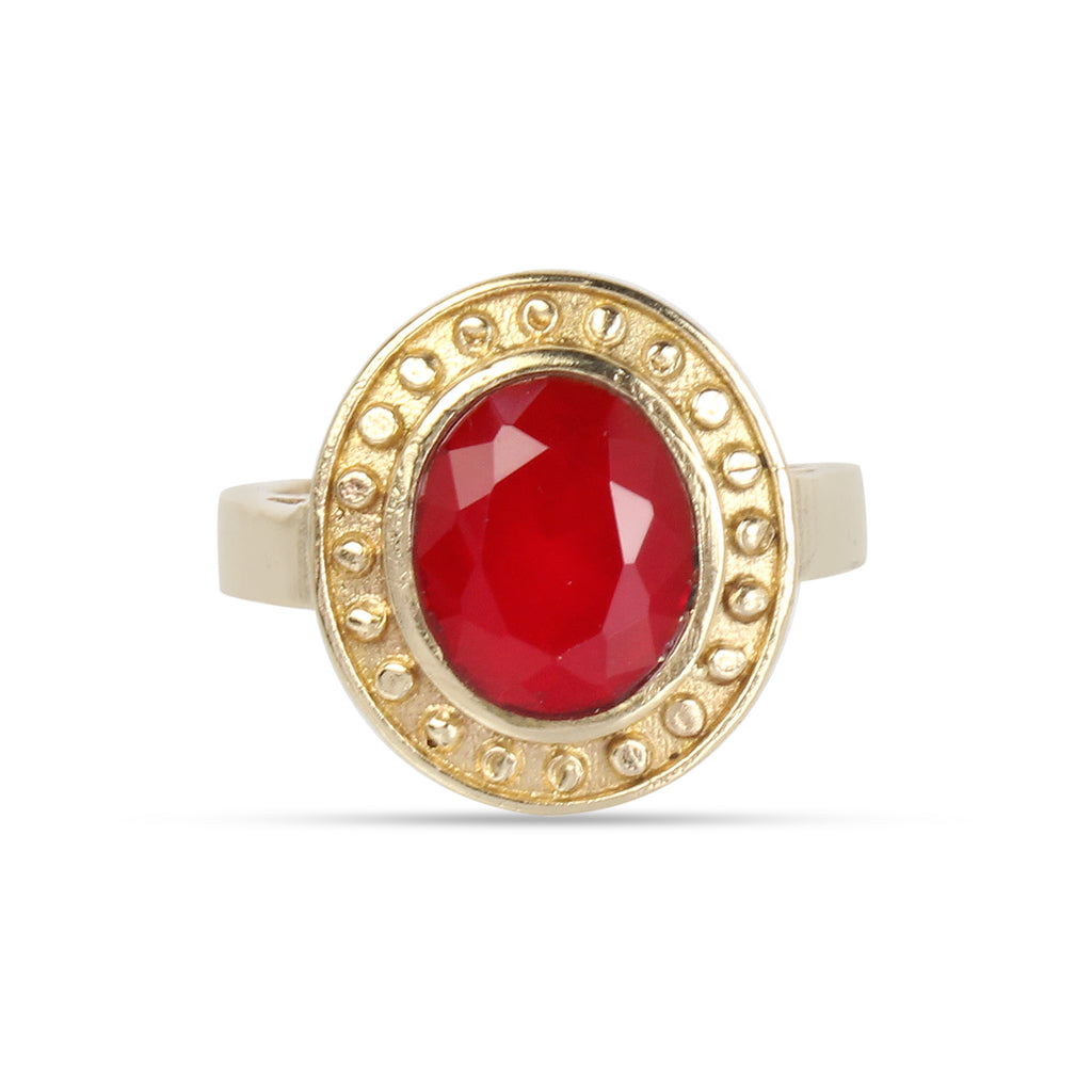 Exquisite Handcrafted Gold-Plated Natural Red Ruby (Manik) Halo Statement Adjustable Ring for Unisex – Timeless Artisanal Elegance and Astrological Power for Prosperity, Vitality, and Success