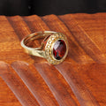 Exquisite Handcrafted Gold-Plated Natural Garnet (Gomed) Halo Statement Adjustable Ring for Unisex – Timeless Artisanal Elegance and Astrological Power for Prosperity, Protection, and Vitality