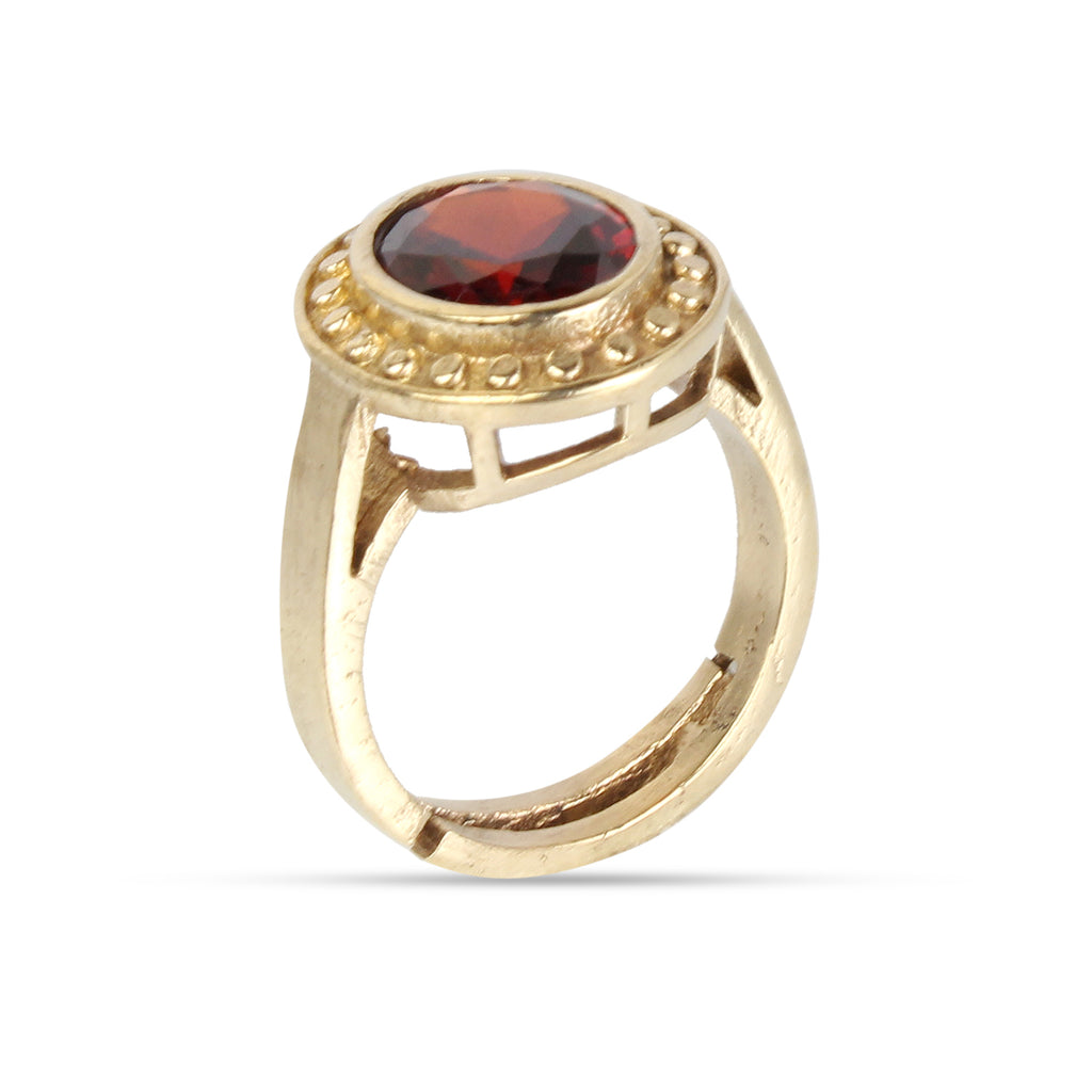 Exquisite Handcrafted Gold-Plated Natural Garnet (Gomed) Halo Statement Adjustable Ring for Unisex – Timeless Artisanal Elegance and Astrological Power for Prosperity, Protection, and Vitality