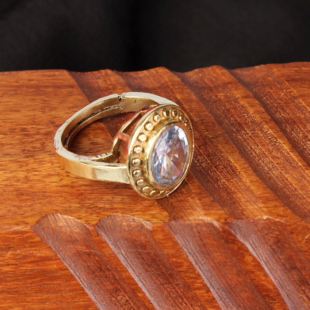 Exquisite Handcrafted Gold-Plated White Zircon Halo Statement Adjustable Ring for Unisex – Timeless Artisanal Elegance and Astrological Power for Prosperity and Mental Clarity