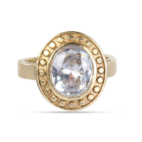Exquisite Handcrafted Gold-Plated White Zircon Halo Statement Adjustable Ring for Unisex – Timeless Artisanal Elegance and Astrological Power for Prosperity and Mental Clarity