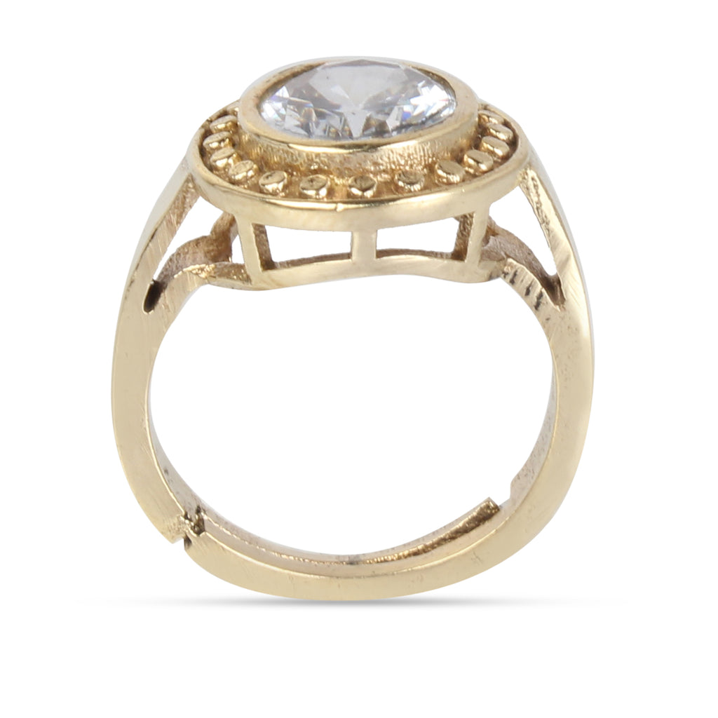 Exquisite Handcrafted Gold-Plated White Zircon Halo Statement Adjustable Ring for Unisex – Timeless Artisanal Elegance and Astrological Power for Prosperity and Mental Clarity